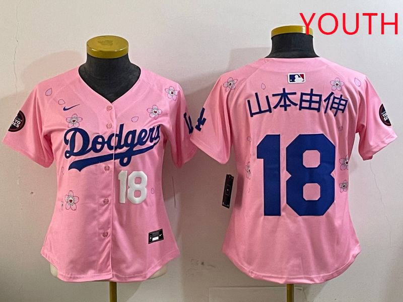 Youth Los Angeles Dodgers #18 Yamamoto Pink Sakura Edition 2025 Nike MLB Jersey style 8->youth mlb jersey->Youth Jersey